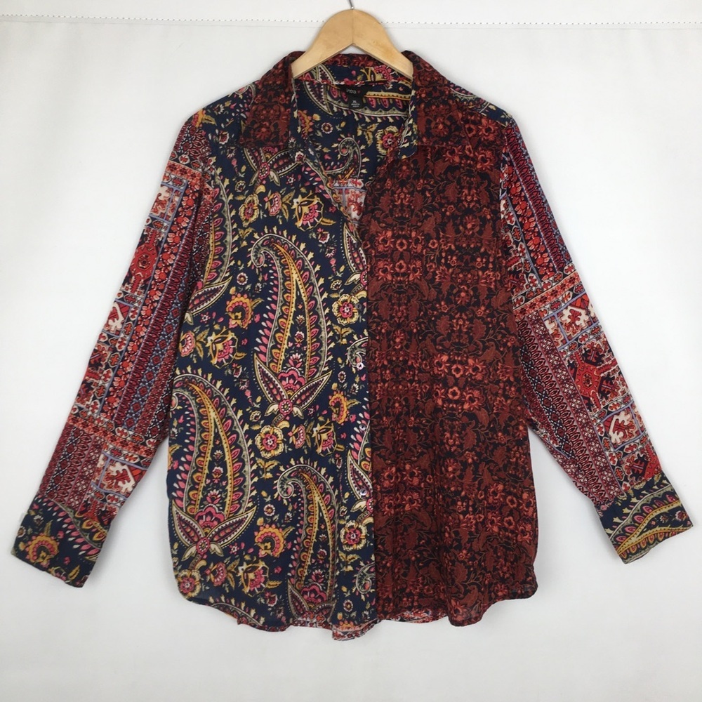 Intro. Boho Mixed Floral Print Patchwork Button Up Shirt Bohemian Women’s Sz XL